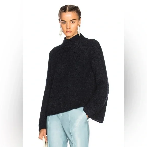 ULLA JOHNSON Amina Sweater Mock Neck Bell Sleeve Navy Blue Wool Cashmere